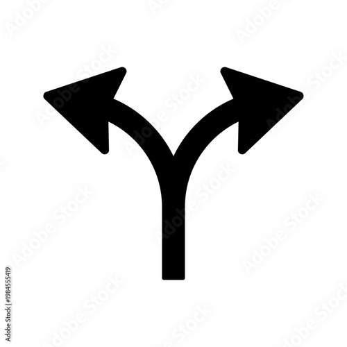黒シルエットで表現した二方向に分かれる分岐矢印のシンプルなアイコン素材