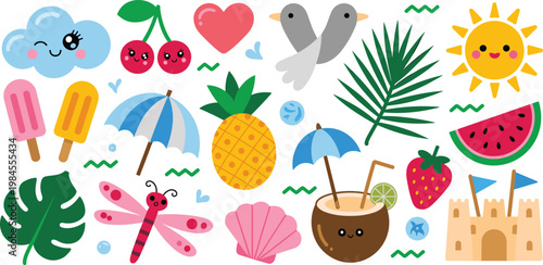 Kawaii summer beach icon set with cute characters featuring sun pineapple watermelon coconut cocktail sandcastle tropical leaves popsicles and umbrella flat vector illustration