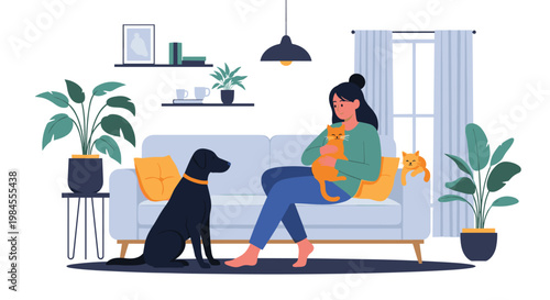 Relaxing scene of a young woman sitting on a sofa in a cozy living room while hugging her orange cat with a black dog sitting nearby.
