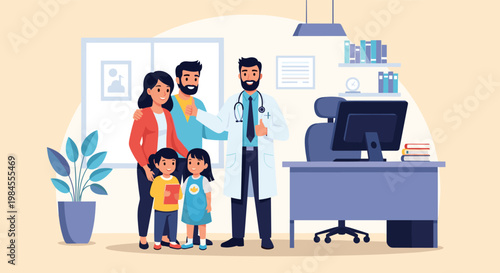 Happy family with two young children visiting a professional male doctor in a modern medical office for a health checkup.