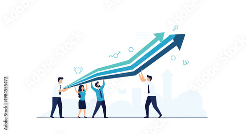 Professional business team working together to push a large growing arrow upwards representing success, growth, and collective effort.