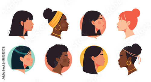 Collection of diverse female avatars in profile view representing different ethnicities and hairstyles on a white background.