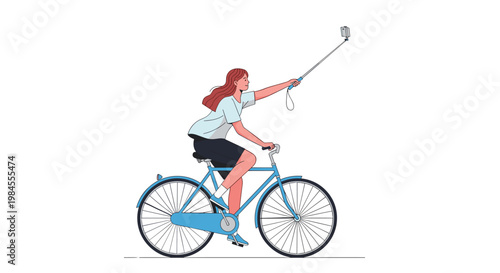 Young woman riding a bicycle and taking a selfie using a stick while commuting or enjoying a leisure activity in the city.