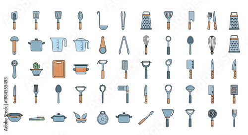 Comprehensive collection of various kitchen utensils and cooking tools icons isolated on a clean white background for culinary use.