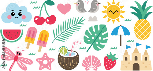 Kawaii summer beach icon set with cute characters featuring sun pineapple watermelon coconut cocktail sandcastle tropical leaves popsicles and umbrella flat vector illustration