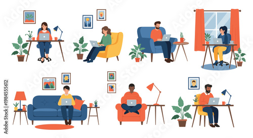 Collage of diverse individuals working remotely from their homes in different settings like on a sofa, in an armchair, or at a desk.