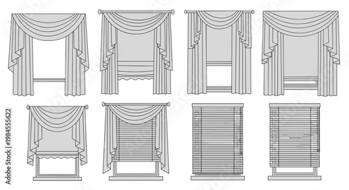 Collection of different window treatment designs including classical drapes with valances and modern horizontal window blinds.