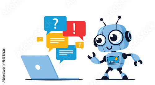 Friendly blue robot standing next to an open laptop with floating speech bubbles representing online chat and customer support service.