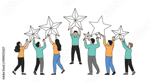 Team of people working together to raise five large stars to signify high achievement, top ratings, and quality service excellence.