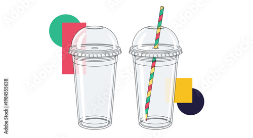 Transparent plastic takeaway cups with dome lids and striped straw for cold beverages are displayed against abstract shapes.