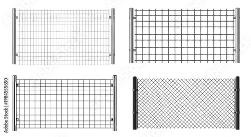 Different types of wire mesh and chain link fence panels are shown as technical drawings for security and boundary solutions.