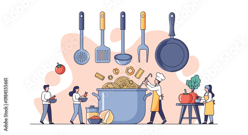 Tiny chefs and assistants work together to cook a large pot of pasta surrounded by giant kitchen utensils and fresh ingredients.