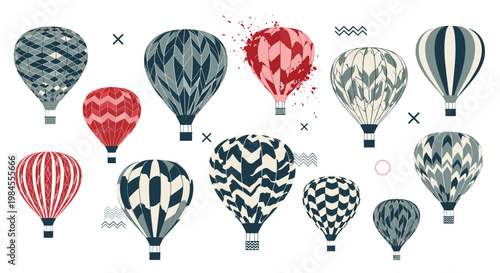 Various hot air balloons with unique geometric patterns and artistic designs float together in a creative illustrated collection.