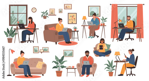 Diverse people work from home using laptops and tablets in comfortable living room settings depicting the modern remote work life.
