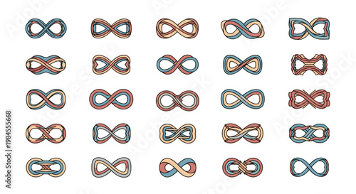 Diverse set of infinity symbols with different textures and colors represents eternal motion and mathematical concept variations.