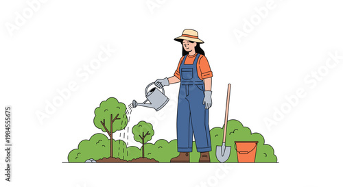 Young woman wearing a hat and overalls waters young trees with a watering can in a lush garden setting with essential tools.