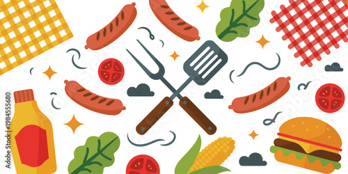 Barbecue grill party vector set featuring sausages burger mustard corn tomato spatula and fork tools for summer picnic food celebration designs