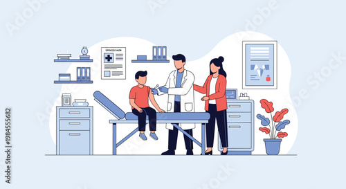Professional doctor administers a vaccine to a young boy sitting on a medical bed while his mother provides comfort and support.