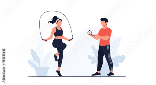 Energetic woman performs jump rope exercises while a fitness trainer tracks her progress with a stopwatch in a gym environment.