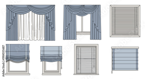 Collection of different window treatment styles features curtains, valances, roller blinds, and horizontal slats in blue tones.
