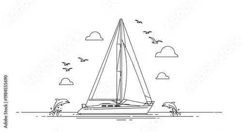 Simple line art illustration of a sailboat traveling on the ocean with dolphins jumping and birds flying under a cloudy sky.