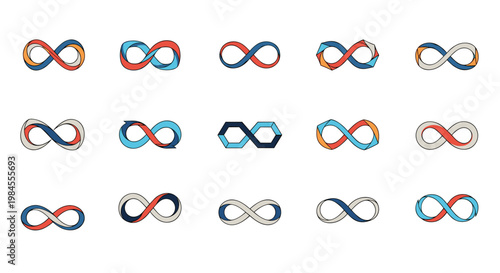 Set of colorful infinity loops with ribbon-like textures showcases various design interpretations of the eternal symbol concept.