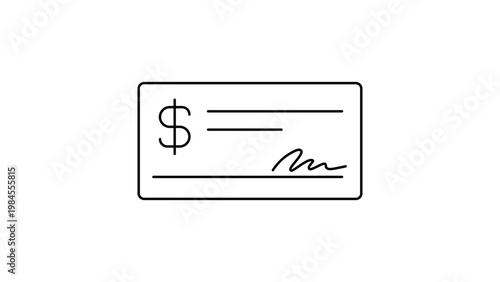 Minimalist black line vector icon of a bank check or paycheck on a white background. Clean outline illustration featuring a dollar sign and signature line for finance, banking, and business concepts.