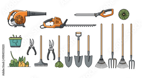 Extensive collection of gardening tools and outdoor maintenance equipment including blowers trimmers rakes and shovels for yard work.
