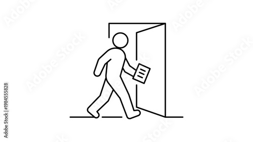 Exit interview minimalist black line vector icon illustration of a person silhouette walking through an open door with a document, symbolizing resignation, career change, or leaving a company.