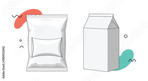 Blank food packaging mockups including a snack bag with a clear window and a carton for milk or juice with colorful abstract background.