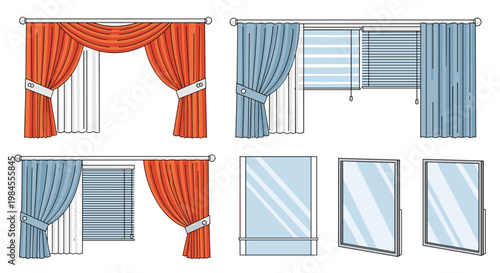 Variety of window treatment options including colorful curtains and horizontal blinds shown in a colorful flat vector illustration style.