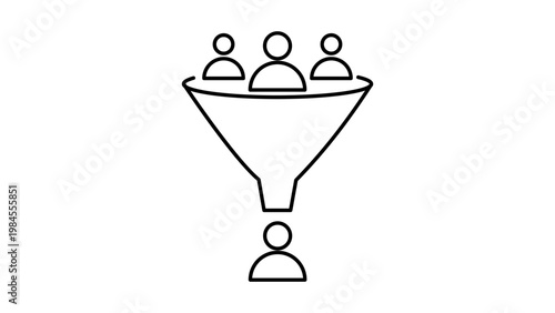 Recruitment funnel vector icon illustration featuring a minimalist black line design on a white background, representing candidate selection, lead generation, and conversion process in HR.