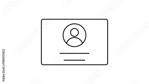 Minimalist black line vector icon illustration of a profile card or ID badge featuring a person avatar and text lines, isolated on white for business, HR, and user interface design projects.