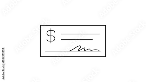 Minimalist black line vector icon illustration of a bank check or paycheck on a white background, featuring a dollar sign, signature line, and text fields, scalable outline for finance and banking.