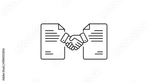 Minimalist black line vector icon of a handshake between two documents on a white background, representing an employment contract, business agreement, partnership, or legal deal illustration.