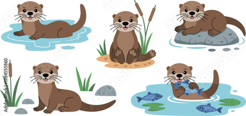 Cute kawaii otter character vector set featuring brown otters swimming eating fish and sitting on rocks with river plants for children book illustrations