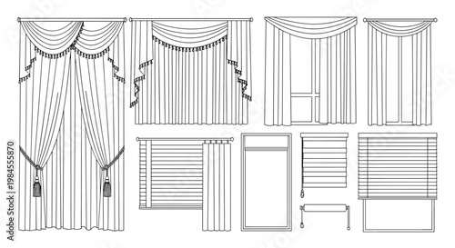 Detailed black and white line drawings of various window curtain and blind styles including classical drapes and modern roller shades.