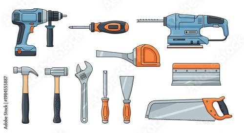 Set of common construction and repair hand tools including a drill a saw and various wrenches in a blue and orange color scheme.