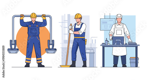 Diverse male workers representing different professions including a warehouse laborer a cleaner and a professional chef in uniforms.