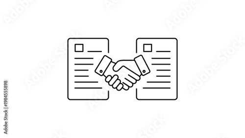 Minimalist black line vector icon of a handshake over two documents, representing an employment contract, business agreement, partnership, or successful deal on a clean white background.