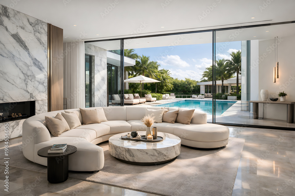 Obraz premium Modern Luxury Living Room with Curved Sofa and Pool View