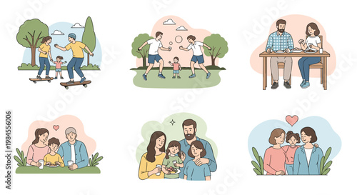 Set of various family scenes showing parents and children playing, eating, and spending quality time together.