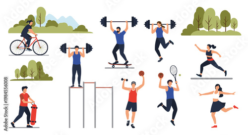 Large collection of diverse people participating in various sports and fitness activities in an outdoor park setting.