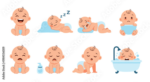Collection of various baby activities and expressions such as laughing, sleeping, crying, and taking a bath.