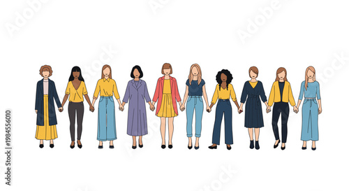 Diverse group of women of different ethnicities and styles holding hands together in a line representing unity and support.