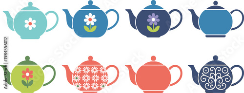 Colorful Ceramic Teapot Vector Set Featuring Floral Patterns and Decorative Ornaments for Kitchenware Design and Tea Party Invitations