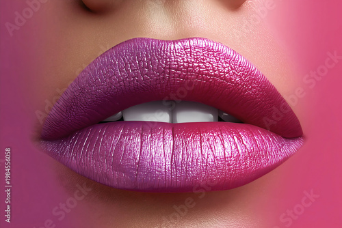 Close up of woman lips with hot pink gradient satin lipstick and white teeth on pink background.