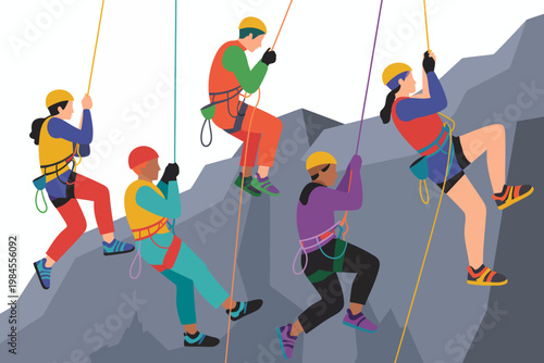 Group of diverse people rappelling down a rocky mountainside, engaged in thrilling outdoor rock climbing adventure sport.