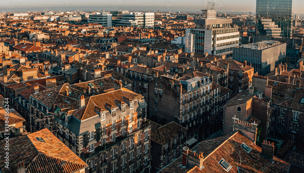 Fototapeta premium Golden hour cityscape overlooking historic European rooftops