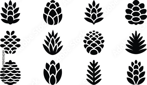 A collection of twelve diverse black stylized pinecone and hop silhouettes presented on a clean white field